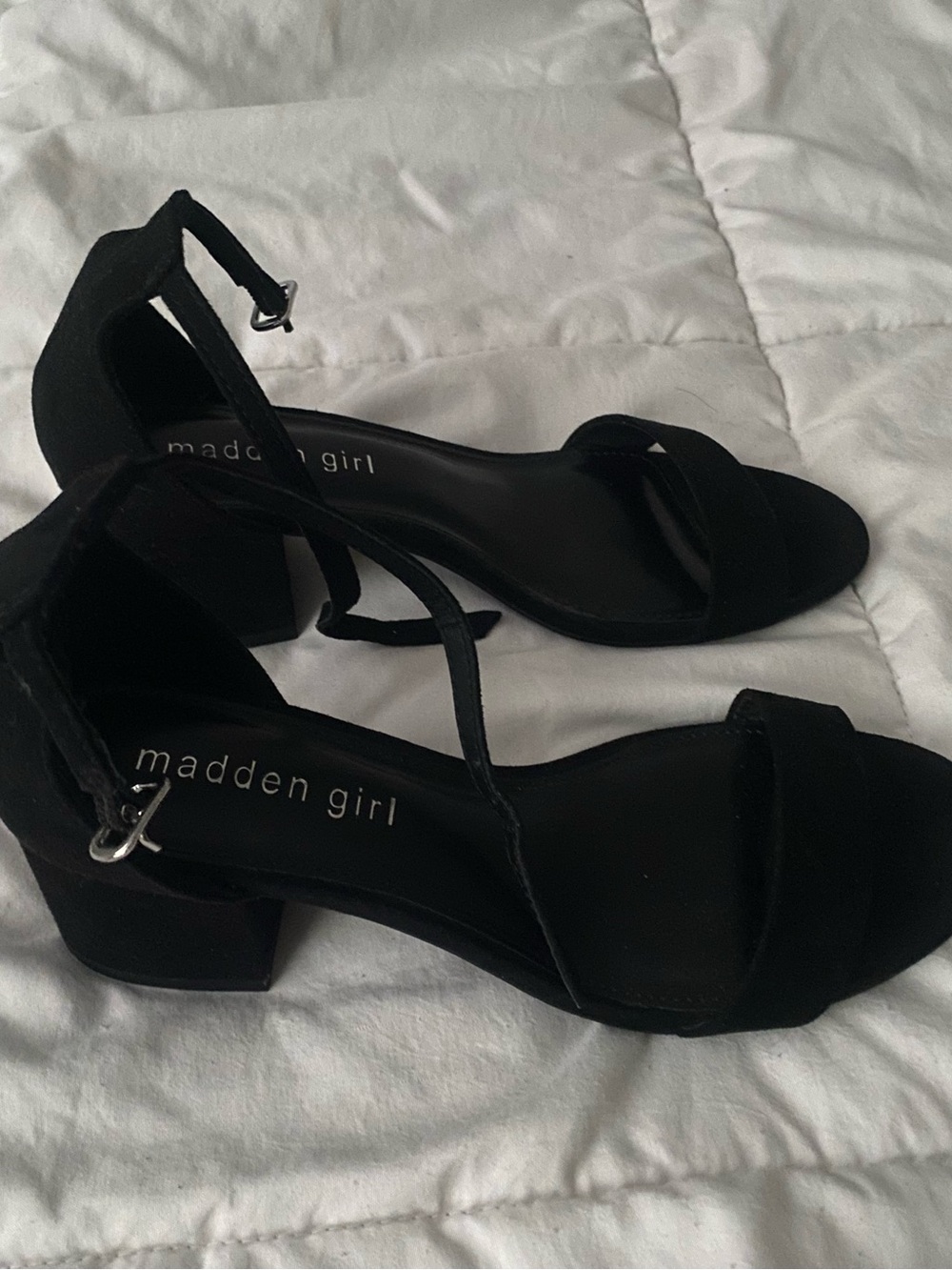 Madden Girl Black Suede Ankle-Strap Block Heel Sandals